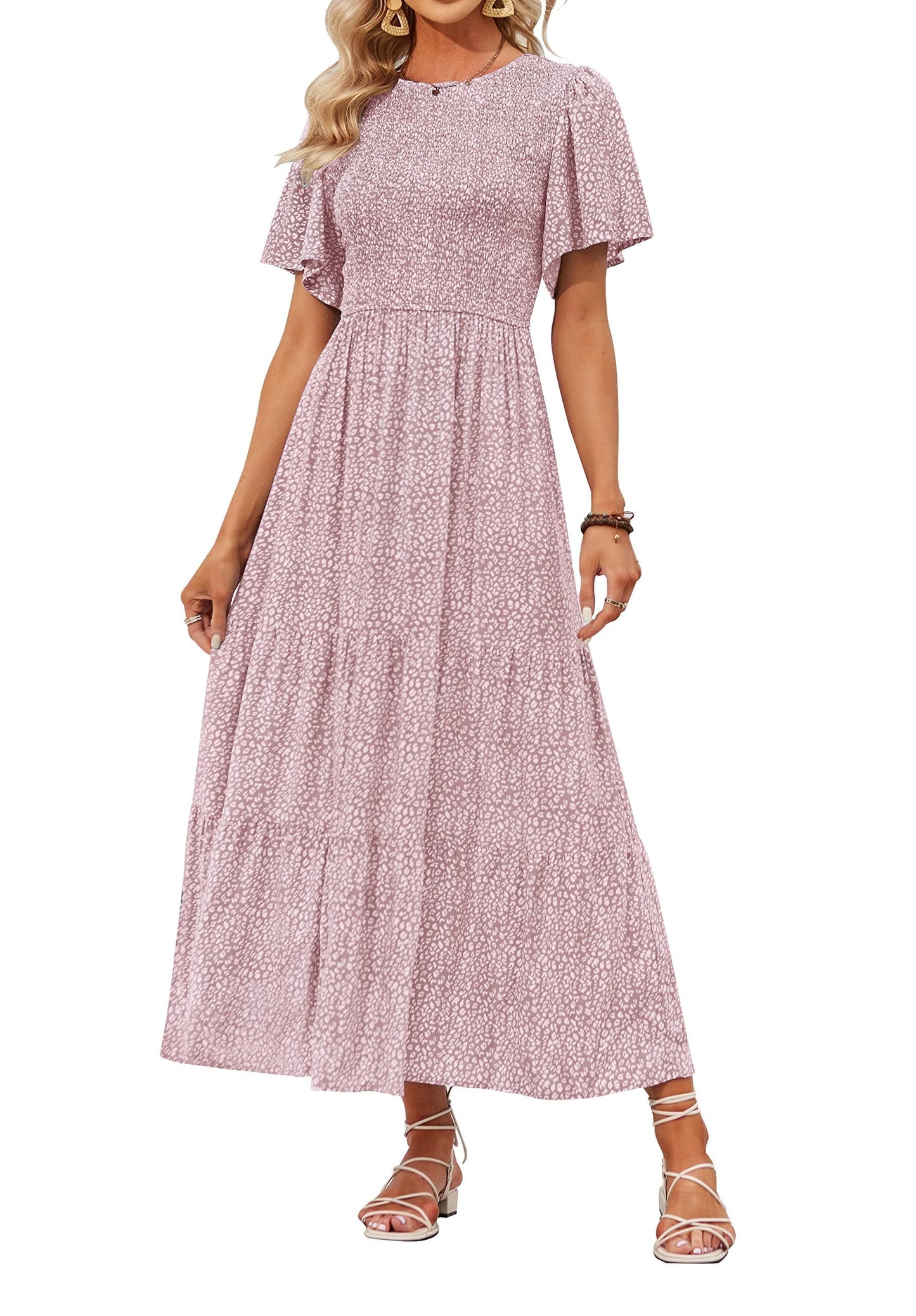 👗Women's Casual Floral Print Short Flutter Sleeve Smocked High Waist Flowy Maxi Dress