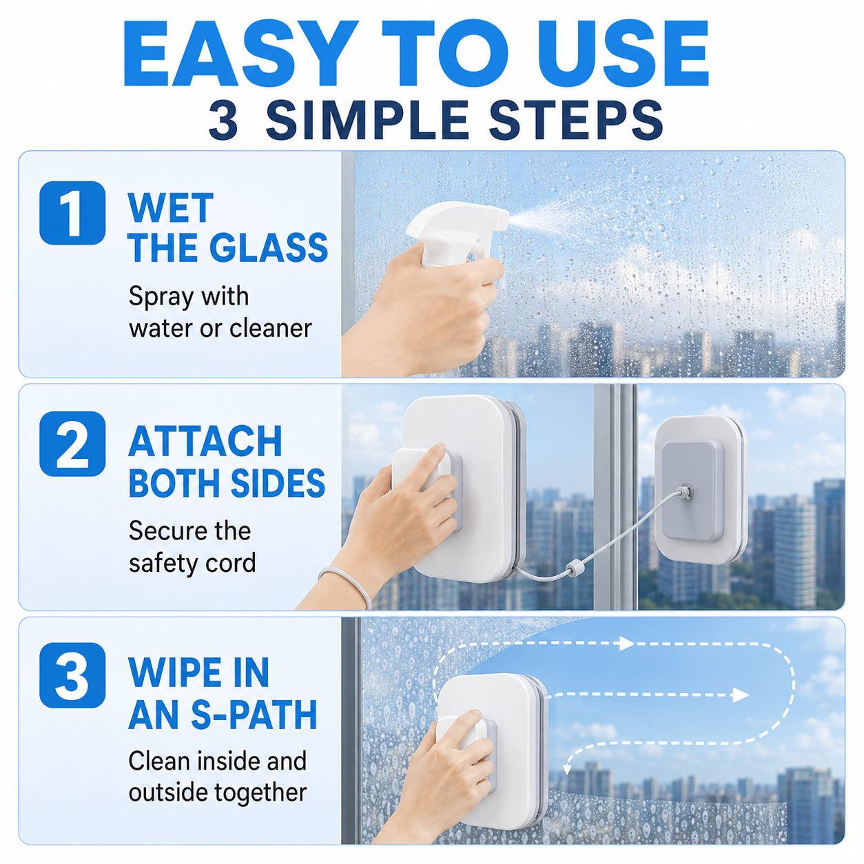 ⚡6‑in‑1 Magnetic Glass Cleaner – 30% wider cleaning area, perfect for high‑rise windows. Dual pads + squeegee – flawless results from the first pass!