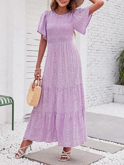 👗Women's Casual Floral Print Short Flutter Sleeve Smocked High Waist Flowy Maxi Dress