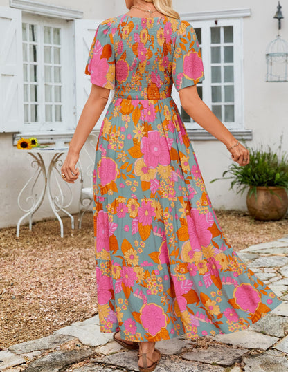 👗Women's Casual Floral Print Short Flutter Sleeve Smocked High Waist Flowy Maxi Dress