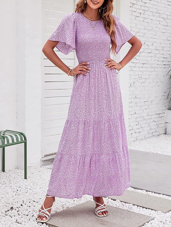 👗Women's Casual Floral Print Short Flutter Sleeve Smocked High Waist Flowy Maxi Dress