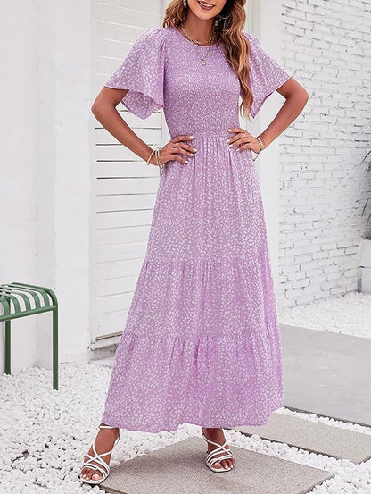 👗Women's Casual Floral Print Short Flutter Sleeve Smocked High Waist Flowy Maxi Dress