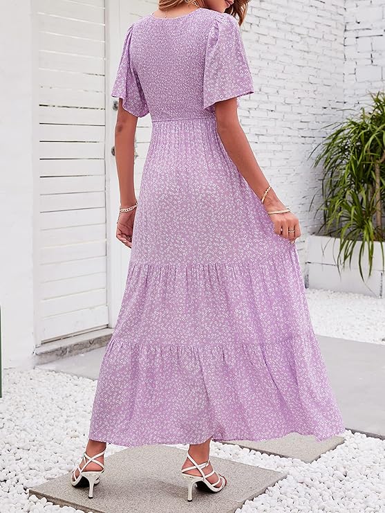 👗Women's Casual Floral Print Short Flutter Sleeve Smocked High Waist Flowy Maxi Dress