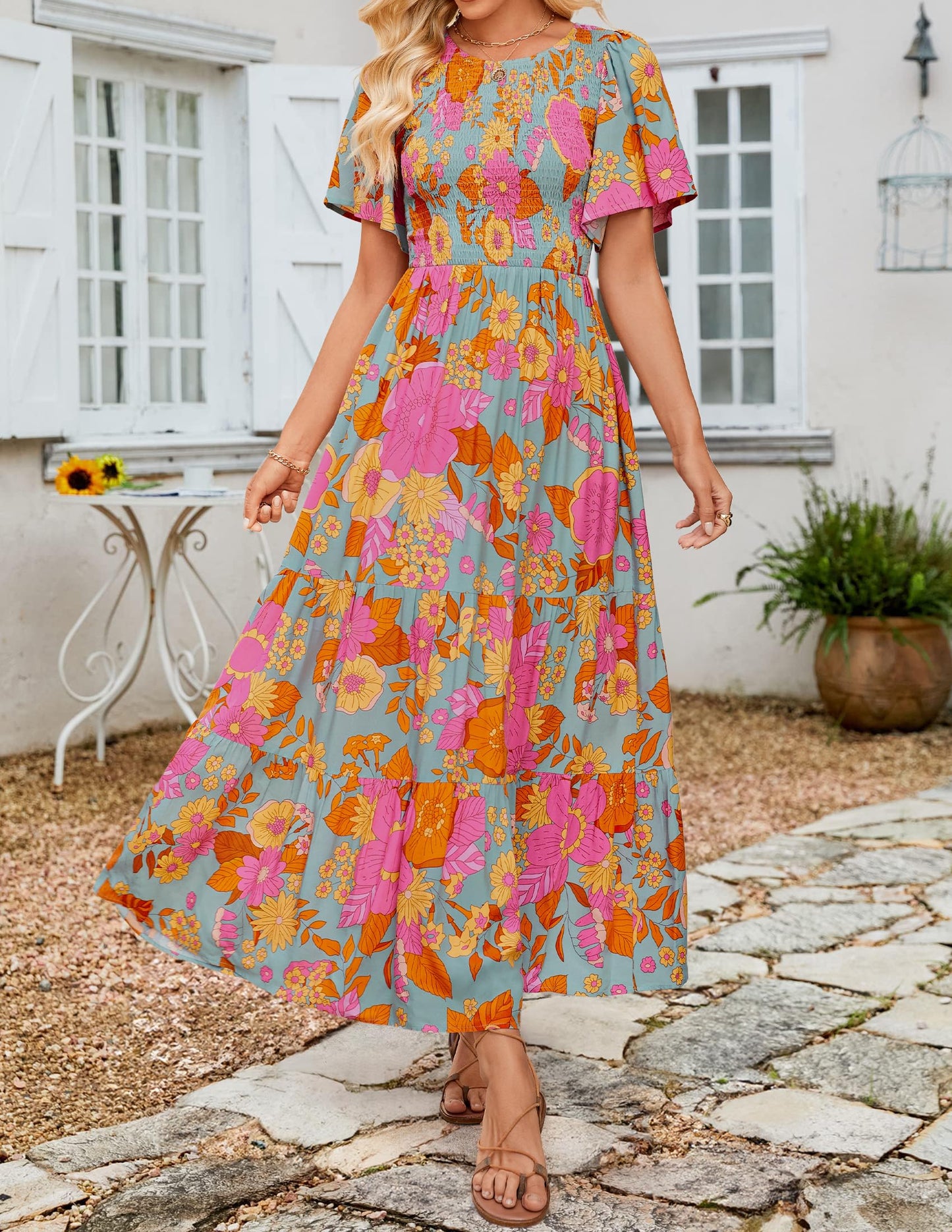 👗Women's Casual Floral Print Short Flutter Sleeve Smocked High Waist Flowy Maxi Dress