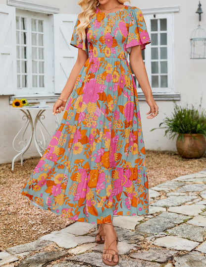 👗Women's Casual Floral Print Short Flutter Sleeve Smocked High Waist Flowy Maxi Dress