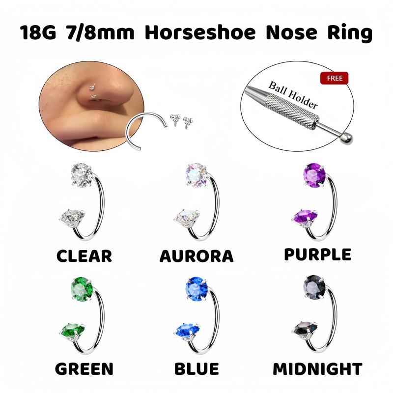 7-pack affordable set 18G (1.0 mm) 8 mm horseshoe nose ring with internal thread and decorative stones 💎
