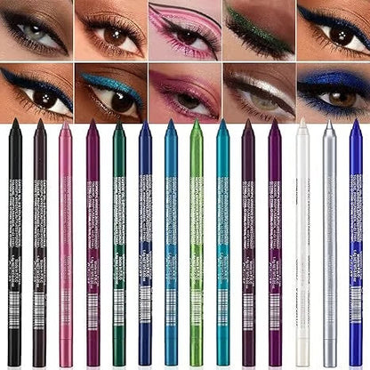 14-Piece Waterproof Gel Eyeliner Set - Metallic & Pearlescent Finishes, Long-Lasting Smudge-Proof Formula