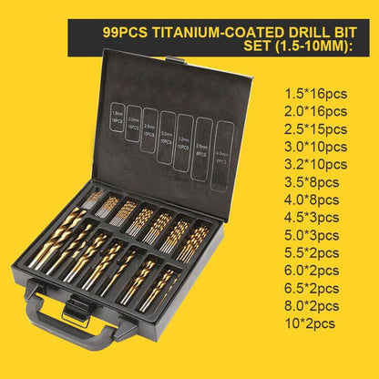 Titanium Coated Drill Bit Set | HSS High-Speed Steel | 50 / 60 / 70 / 99 Piece Options