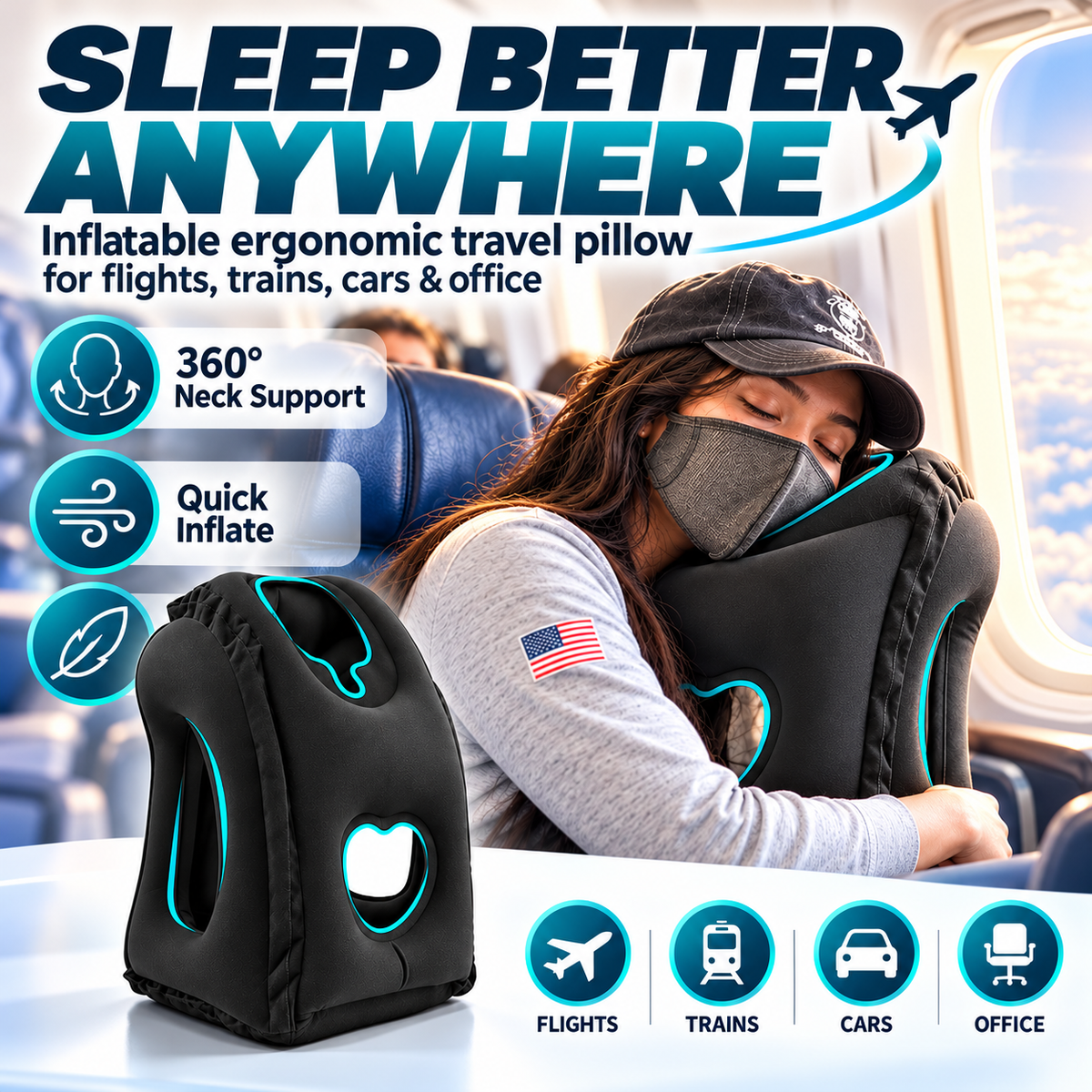 ⏳ LIMITED-TIME 50% OFF✨Inflatable Ergonomic Hollow-Cutout Travel Pillow✈️ – PVC Flocking, Quick Inflate, With Storage Bag ✨Sleep Comfortably on Flights & Trips