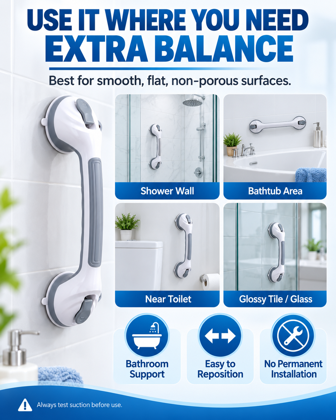 🚿 🛁 Suction Grab Bar – No drilling, high-strength & washable ✨
