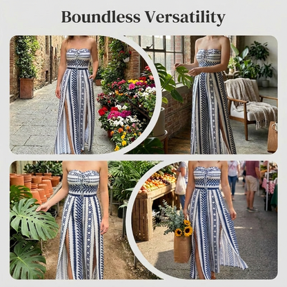 👗 Geometric Jumpsuit with Halter Neckline & Side Slit – Unique print & elastic back