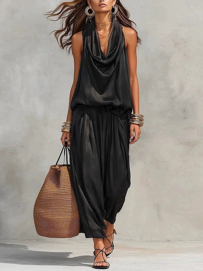 🎁New Arrivals 52% OFF💥 Sleeveless Cowl Neck Jumpsuit – Halter, Wide-Leg, Elegant 🍷