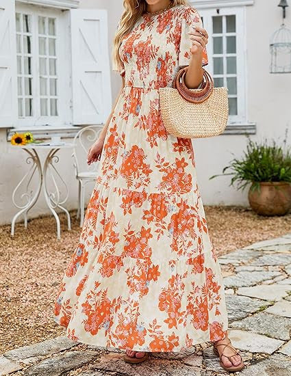 👗Women's Casual Floral Print Short Flutter Sleeve Smocked High Waist Flowy Maxi Dress