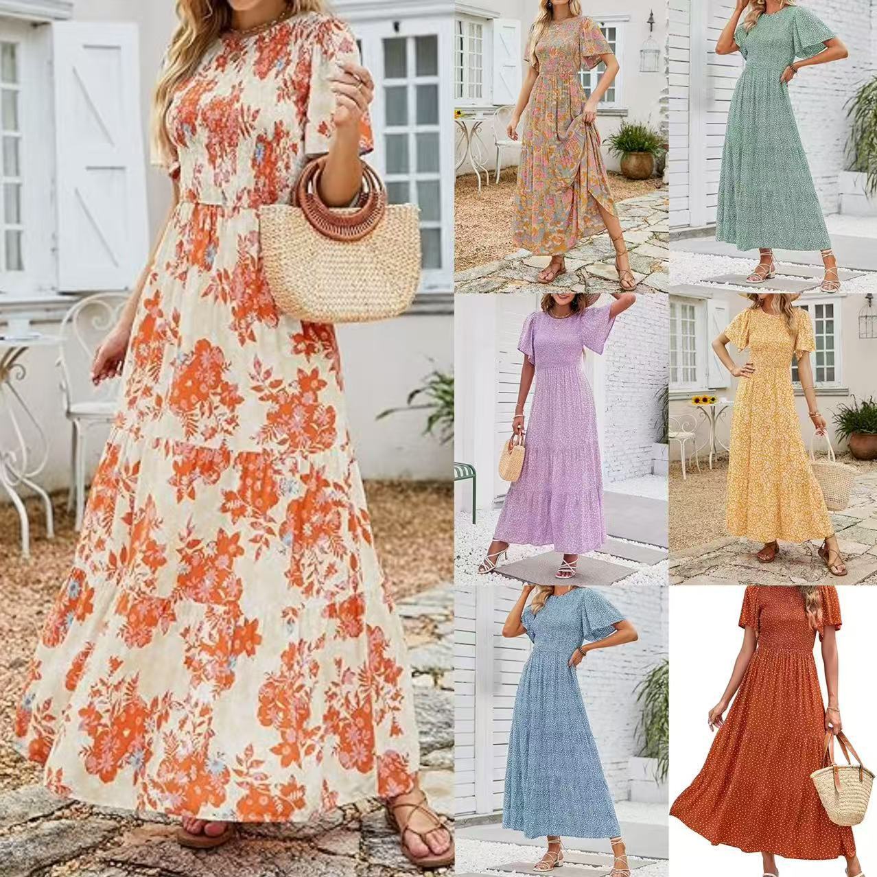 👗Women's Casual Floral Print Short Flutter Sleeve Smocked High Waist Flowy Maxi Dress