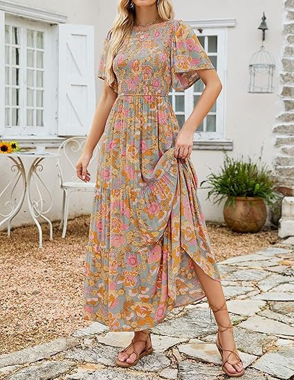 👗Women's Casual Floral Print Short Flutter Sleeve Smocked High Waist Flowy Maxi Dress