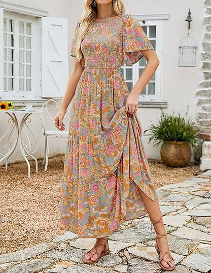 👗Women's Casual Floral Print Short Flutter Sleeve Smocked High Waist Flowy Maxi Dress