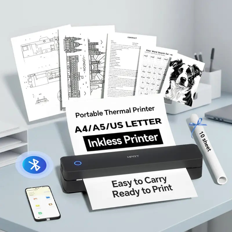 Portable Wireless Bluetooth Thermal Printer, Inkless Travel Printer for iOS Android Laptop, Mobile Printer for Home Office, Supports 8.5x11 US Letter & A4 Paper