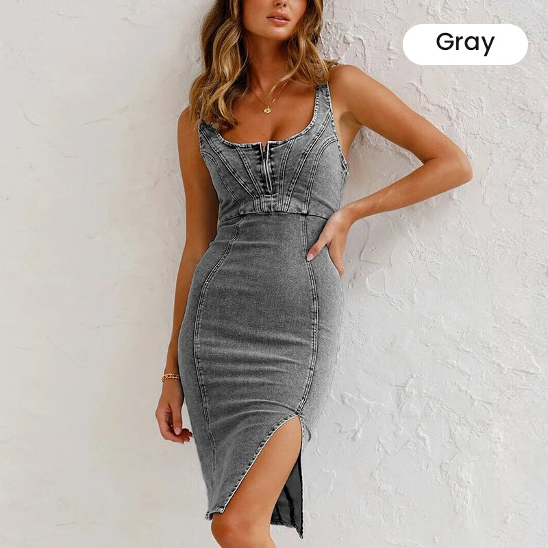 🌸Spring Specials🌸Adjustable strap U-neck split denim bodycon cami dress