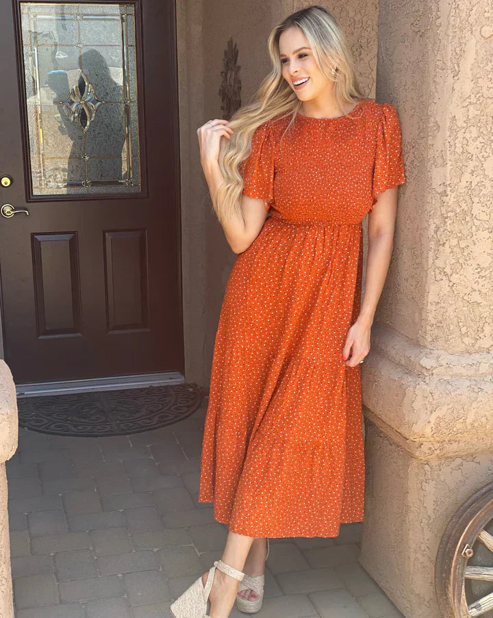 👗Women's Casual Floral Print Short Flutter Sleeve Smocked High Waist Flowy Maxi Dress