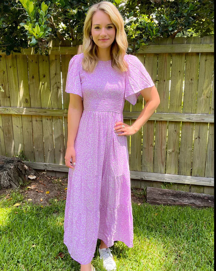 👗Women's Casual Floral Print Short Flutter Sleeve Smocked High Waist Flowy Maxi Dress