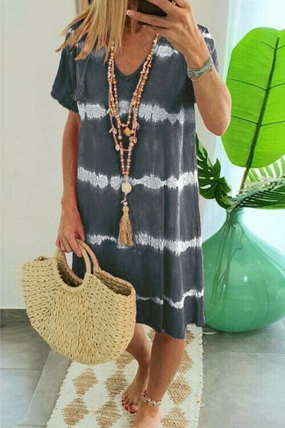 👗 TIE-DYE STRIPED SHORT SLEEVE T-SHIRT DRESS