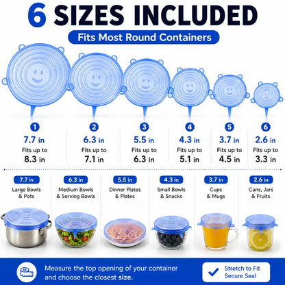 Silicone Stretch Lids 6-Pack | Airtight Food Storage Covers | Microwave, Fridge & Dishwasher Safe | BPA-Free | Fits 2.5"–7.5"