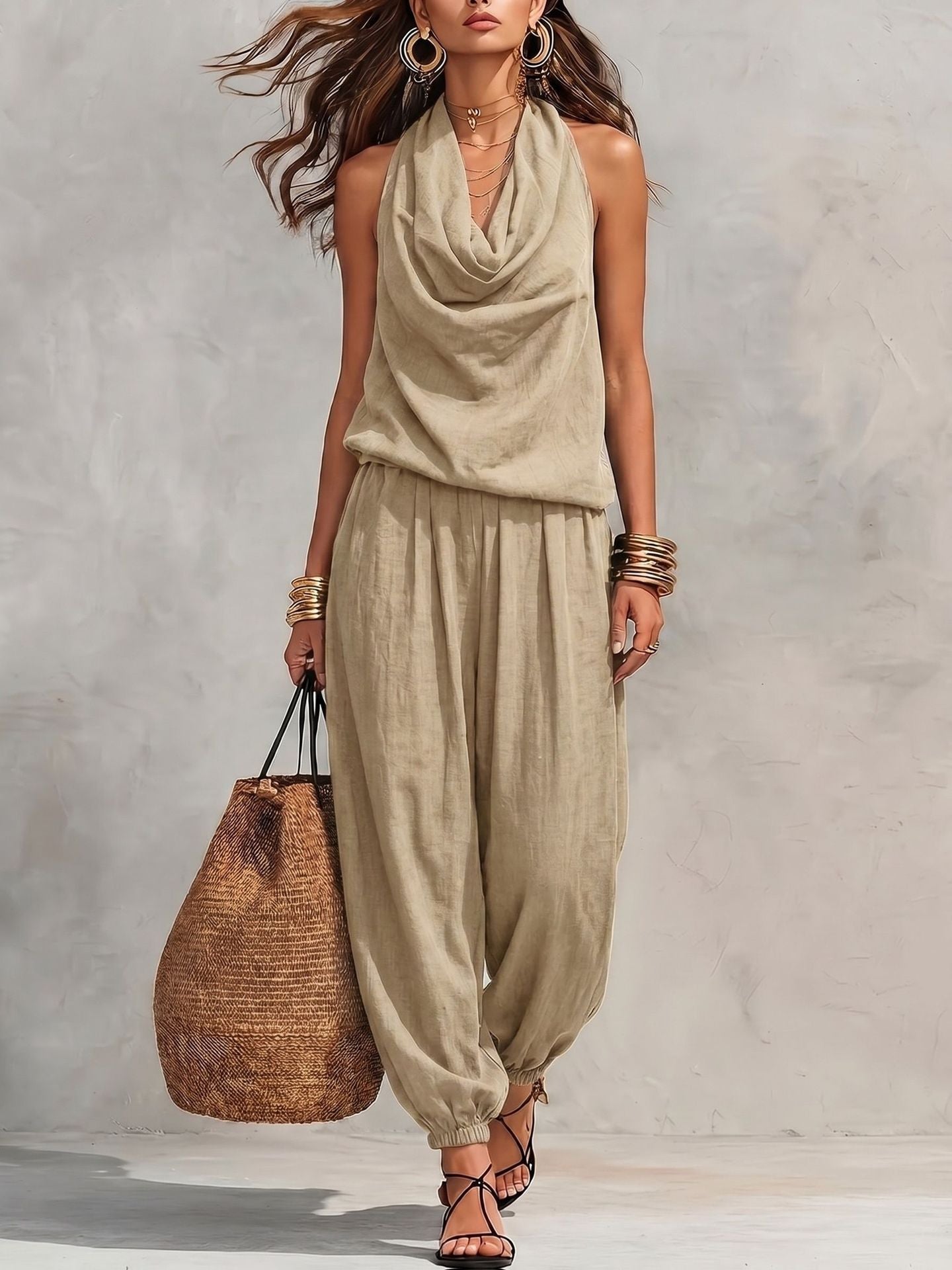 🎁New Arrivals 52% OFF💥 Sleeveless Cowl Neck Jumpsuit – Halter, Wide-Leg, Elegant 🍷