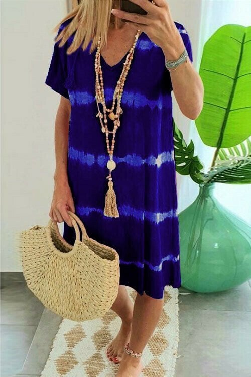 👗 TIE-DYE STRIPED SHORT SLEEVE T-SHIRT DRESS