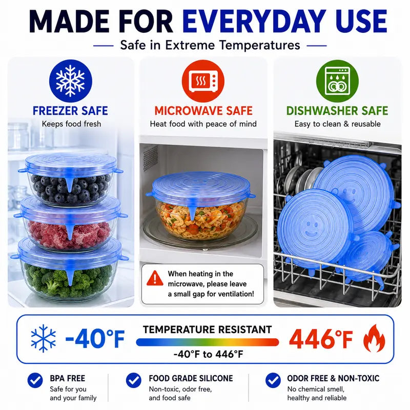 Silicone Stretch Lids 6-Pack | Airtight Food Storage Covers | Microwave, Fridge & Dishwasher Safe | BPA-Free | Fits 2.5"–7.5"