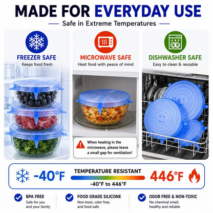Silicone Stretch Lids 6-Pack | Airtight Food Storage Covers | Microwave, Fridge & Dishwasher Safe | BPA-Free | Fits 2.5"–7.5"