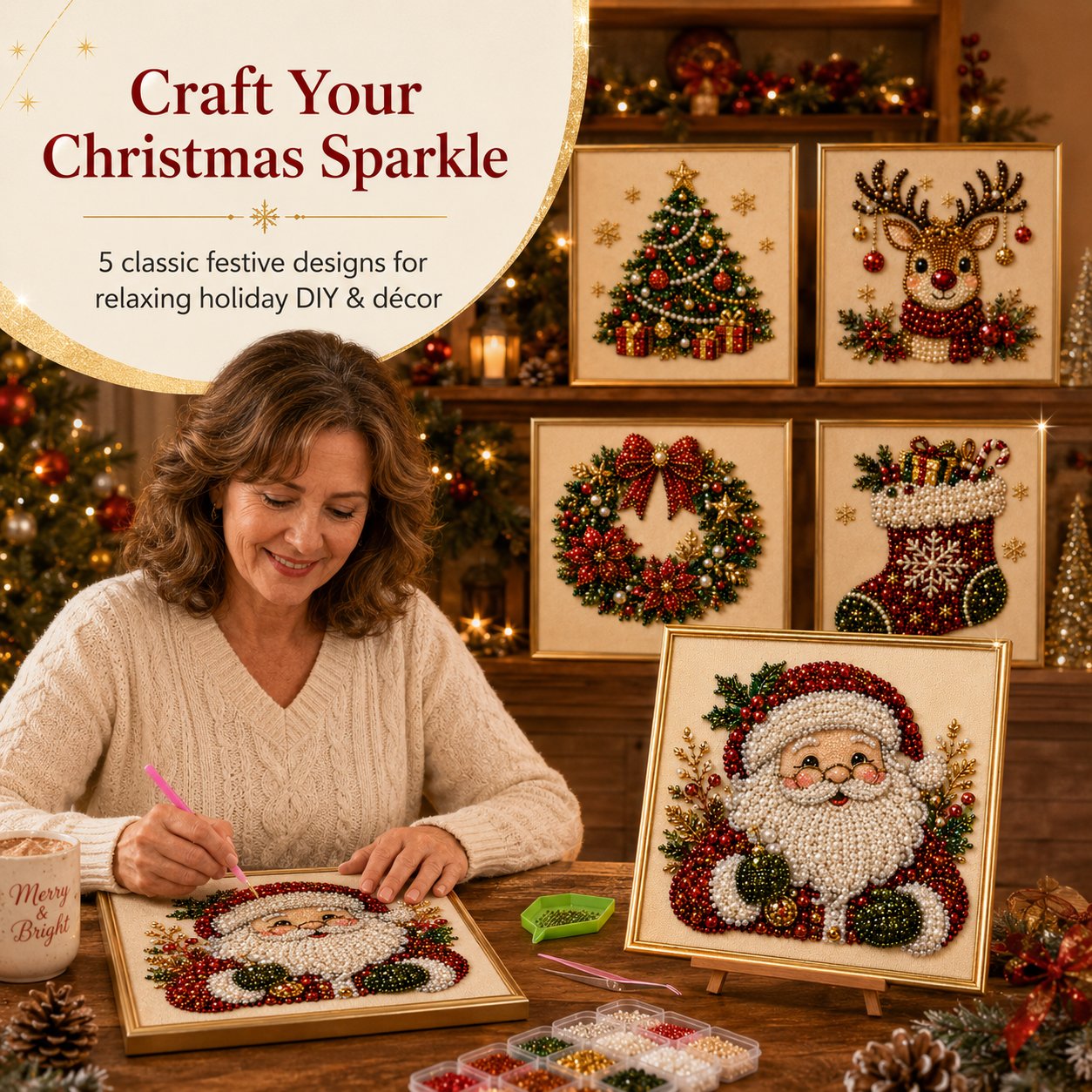 DIY Christmas Pearl Art Kit | 5 Festive Designs, 3D Raised Beads, All Materials Included