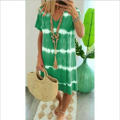 👗 TIE-DYE STRIPED SHORT SLEEVE T-SHIRT DRESS