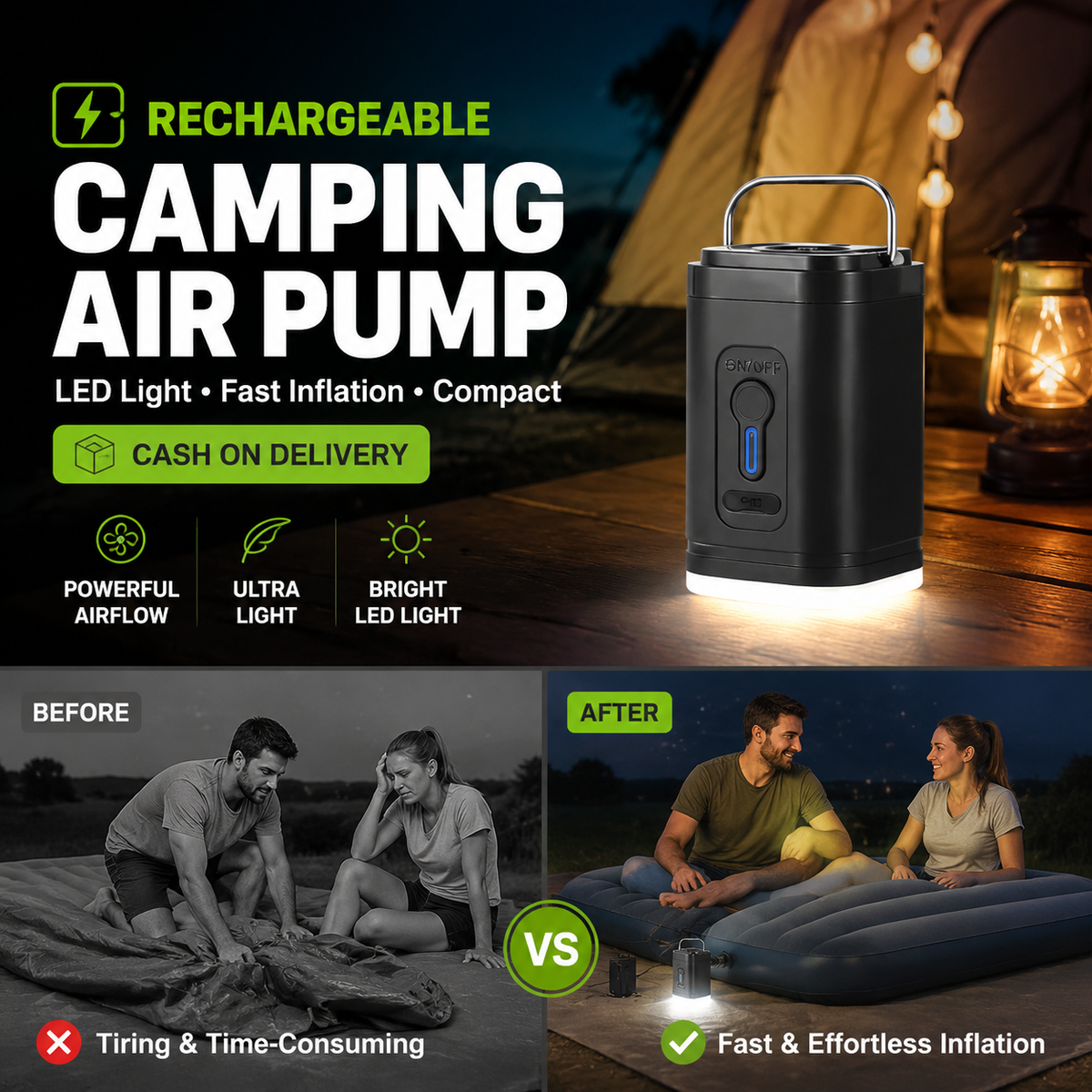 🏕️ LIMITED-TIME 50% OFF! ⚡ Rechargeable Camping Air Pump – Fast Inflate, Built-in LED 🔋