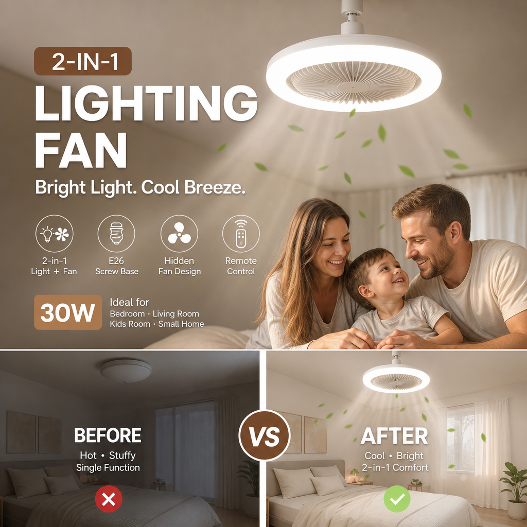 💡 LIMITED-TIME 50% OFF! 🌀 LED Ceiling Fan with Remote – 3-Color Dimming, Silent Copper Motor, Bladeless Design ✨