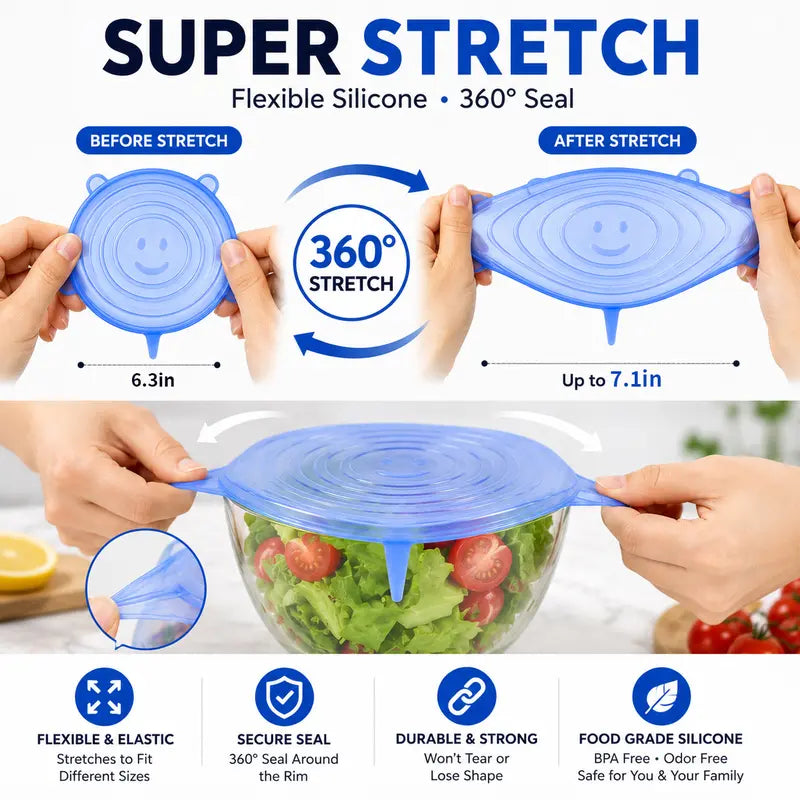 Silicone Stretch Lids 6-Pack | Airtight Food Storage Covers | Microwave, Fridge & Dishwasher Safe | BPA-Free | Fits 2.5"–7.5"