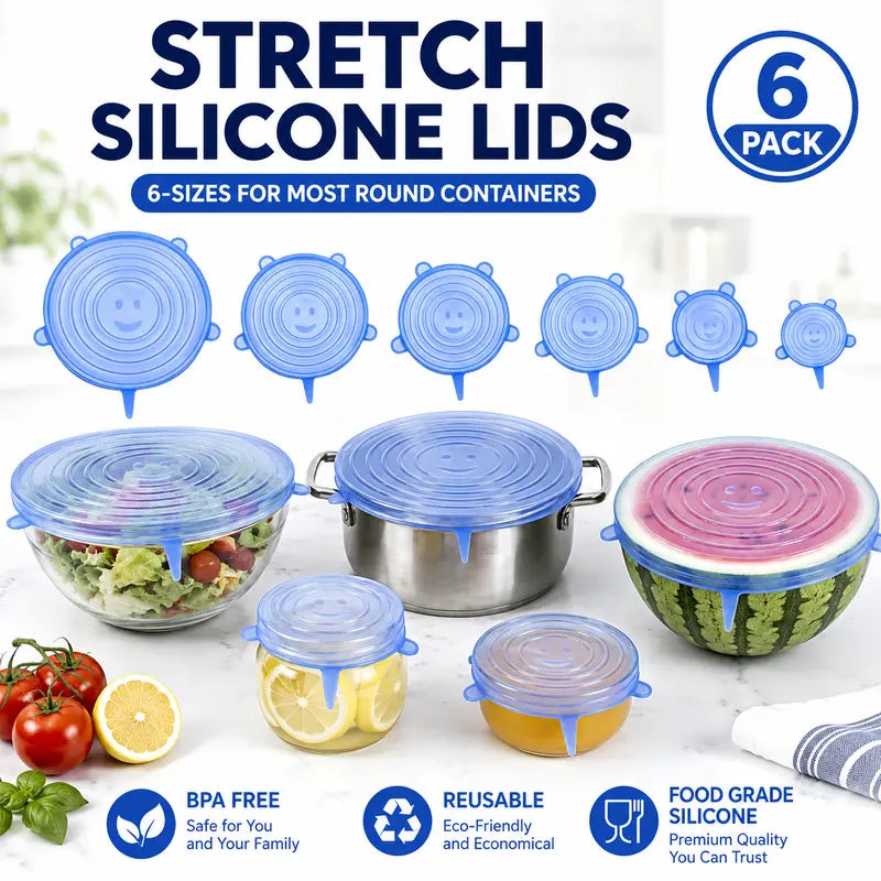 Silicone Stretch Lids 6-Pack | Airtight Food Storage Covers | Microwave, Fridge & Dishwasher Safe | BPA-Free | Fits 2.5"–7.5"