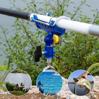 Fishing Rod Self-Locking Turret Bracket | 360° Rotation, Auto-Lock, Rubber-Protected | Stainless Steel | Yellow & Blue