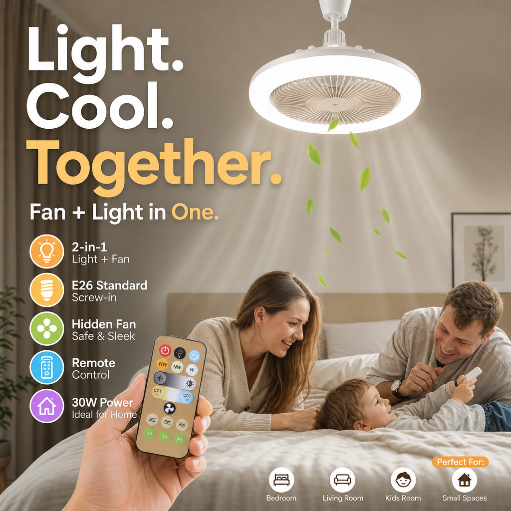 💡 LIMITED-TIME 50% OFF! 🌀 LED Ceiling Fan with Remote – 3-Color Dimming, Silent Copper Motor, Bladeless Design ✨