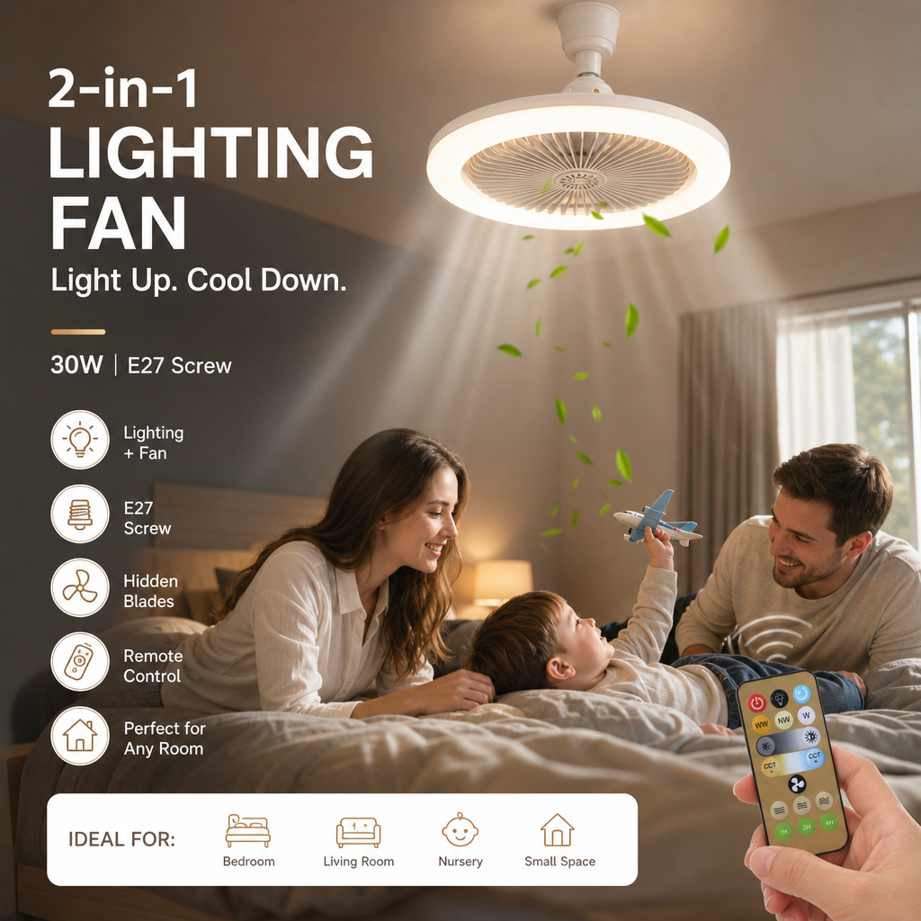 💡 LIMITED-TIME 50% OFF! 🌀 LED Ceiling Fan with Remote – 3-Color Dimming, Silent Copper Motor, Bladeless Design ✨
