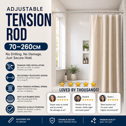 🛏️50% OFF!🔧Adjustable No-Drill Tension Rod – Damage-Free Install, Anti-Slip & Multi-Purpose, Max 15KG Load 🏠