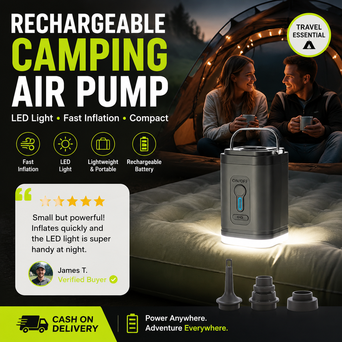 🏕️ LIMITED-TIME 50% OFF! ⚡ Rechargeable Camping Air Pump – Fast Inflate, Built-in LED 🔋