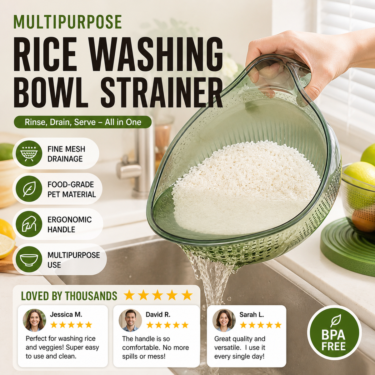 🥳HOT SALE🥳💞50K+ SOLD! Rice Washing Bowl – From £7.99! Dual-function, fine mesh & ergonomic handle. Washes & drains perfectly – grab yours! ✅