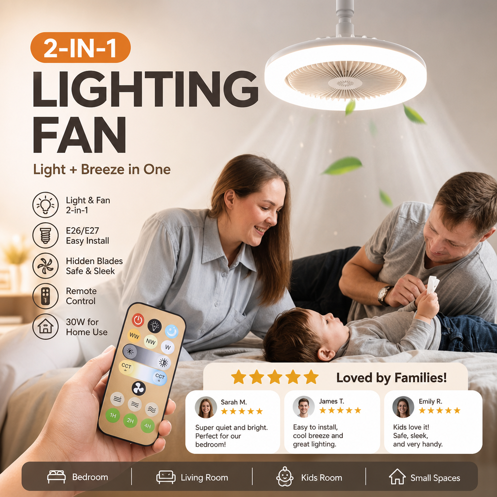 💡 LIMITED-TIME 50% OFF! 🌀 LED Ceiling Fan with Remote – 3-Color Dimming, Silent Copper Motor, Bladeless Design ✨