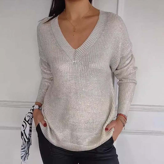 🎁Nieuw product 49% korting 💖✨ Nieuwe aankomst ✨ Dames Casual V-hals Metallic Sheen Knit Sweater