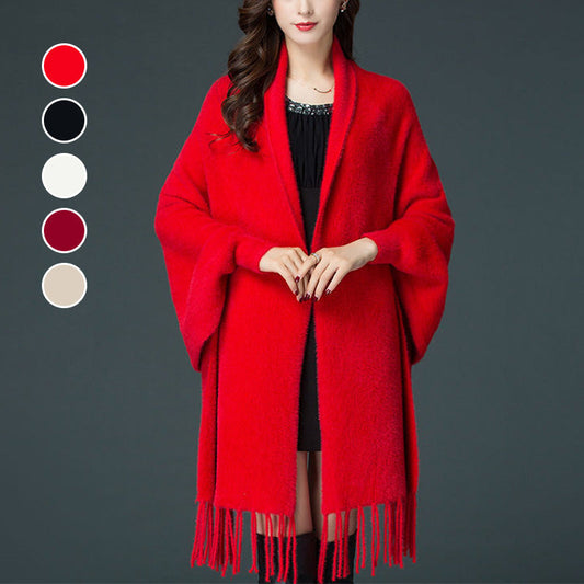 Casual Open Front Tassel Poncho Shawl Coat