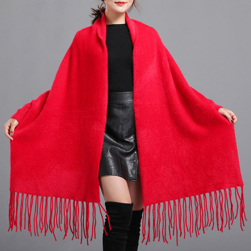 Casual Open Front Tassel Poncho Shawl Coat