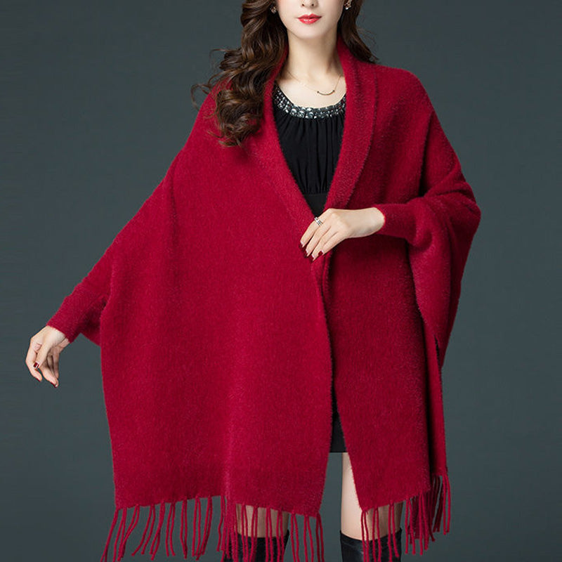 Casual Open Front Tassel Poncho Shawl Coat