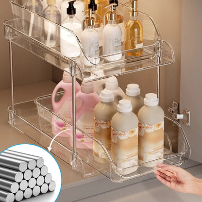 🎁2026 New Arrivals 50% OFF💥Multifunctional pull‑out organizer for under the bathroom sink – Expandable, Pipe‑Friendly, Transparent Storage ✨