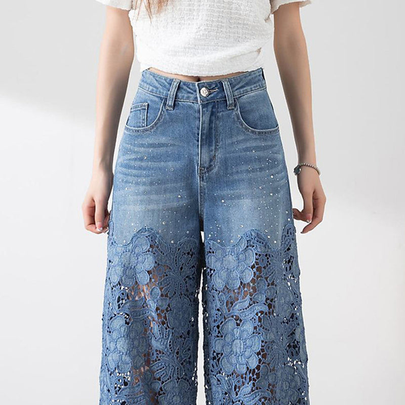 💖Women's High-Waisted Blue Denim Wide-Leg Pants (Hollow-out Lace Panels)