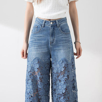 💖Women's High-Waisted Blue Denim Wide-Leg Pants (Hollow-out Lace Panels)